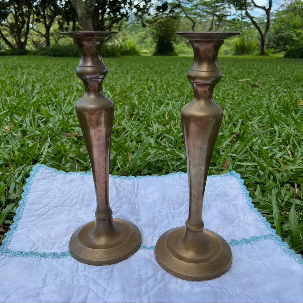 Pottery Barn Set Of 2 Brass Candle Holder Heavy Extra Large 13 1/2 Inches High